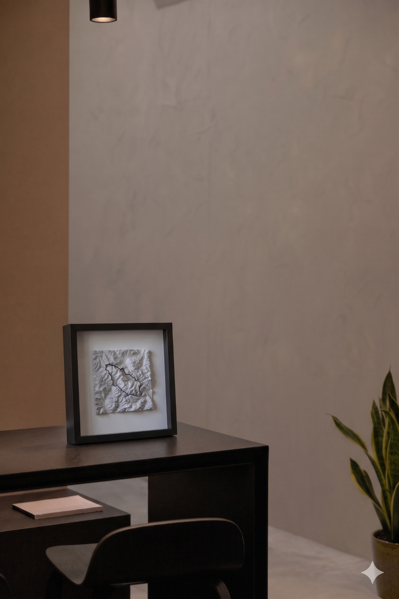 3D-geprinte topografische kaart in zwart frame op een donker bureau bij een spotlight