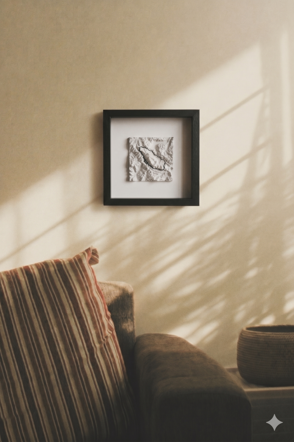 3D-geprinte topografische kaart in zwart frame aan een muur, met zacht middagzonlicht en schaduwen